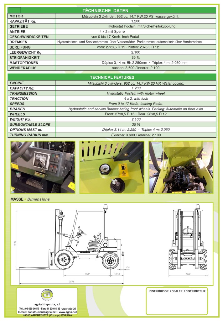 Technische Daten zu Geländestapler Firma Agrimac TH120